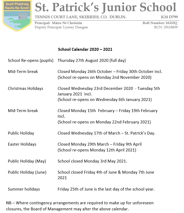 Calendar – St Patricks Junior School